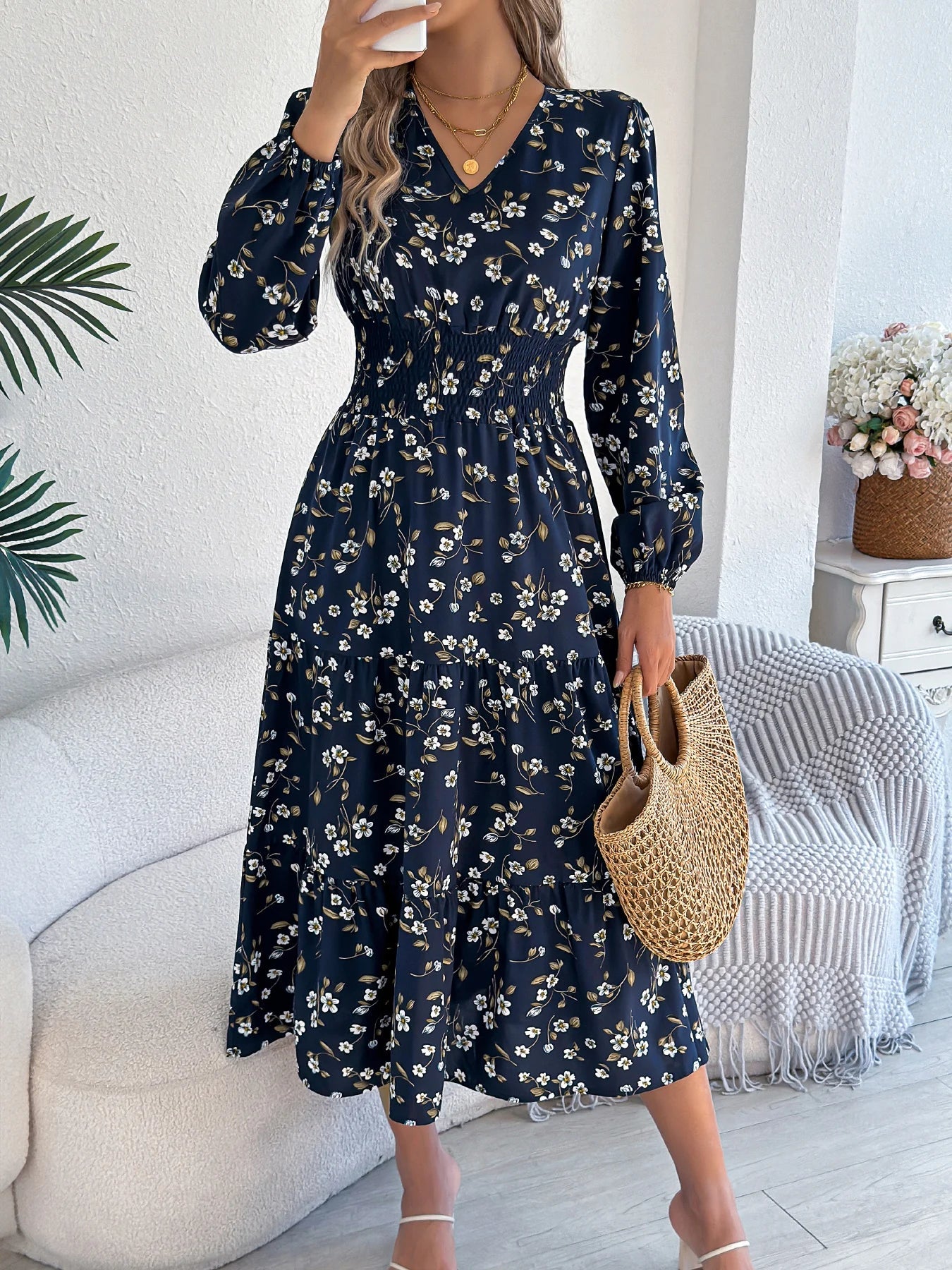 Spring Autumn Casual Woman Dress V Neck Long sleeve Lotus Leaf Edge Floral Print Long Dress Women Clothing - PratSN