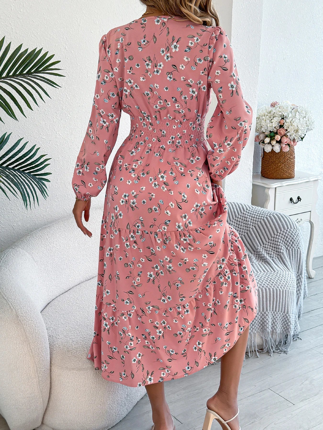 Spring Autumn Casual Woman Dress V Neck Long sleeve Lotus Leaf Edge Floral Print Long Dress Women Clothing - PratSN