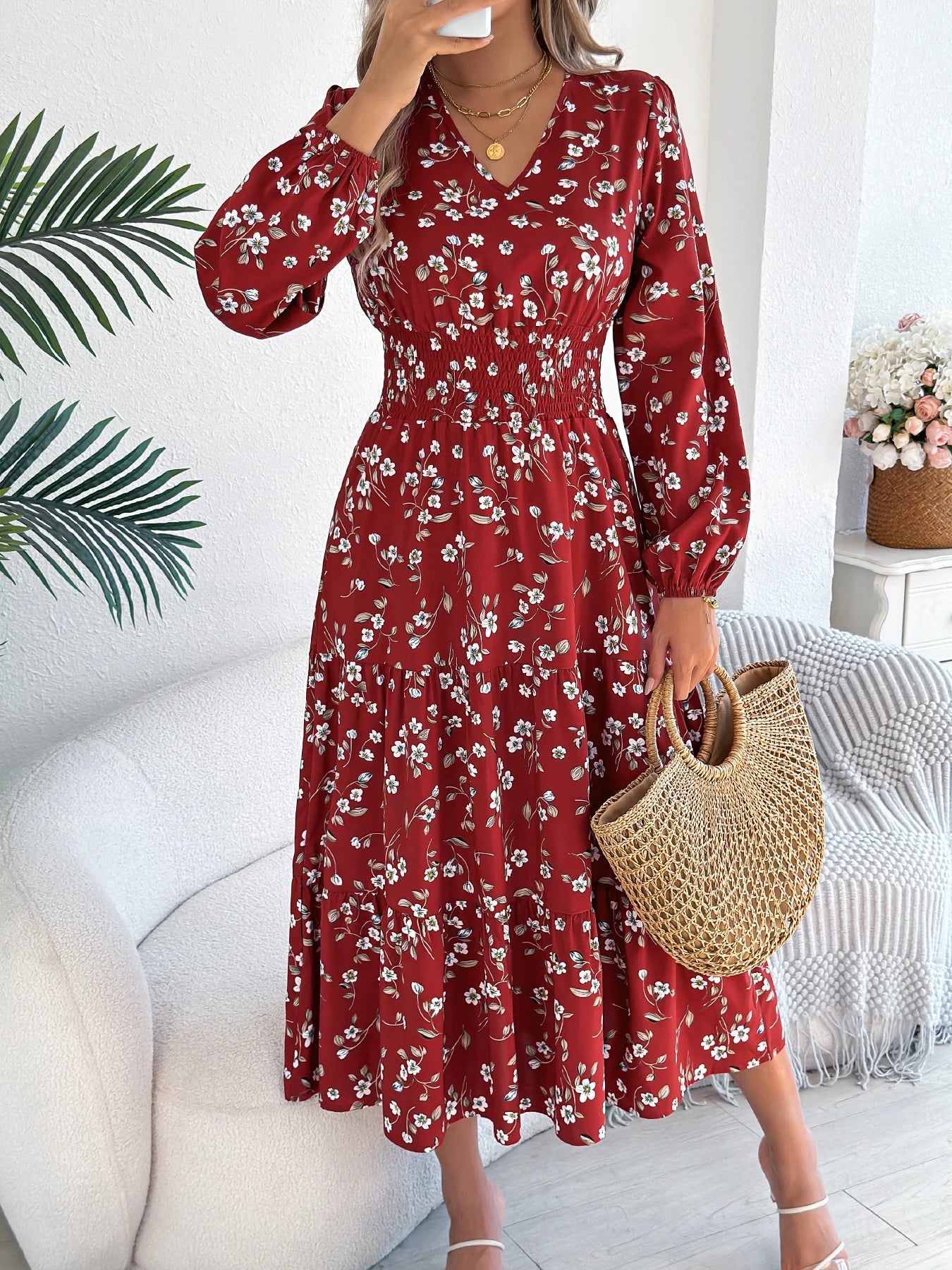 Spring Autumn Casual Woman Dress V Neck Long sleeve Lotus Leaf Edge Floral Print Long Dress Women Clothing - PratSN
