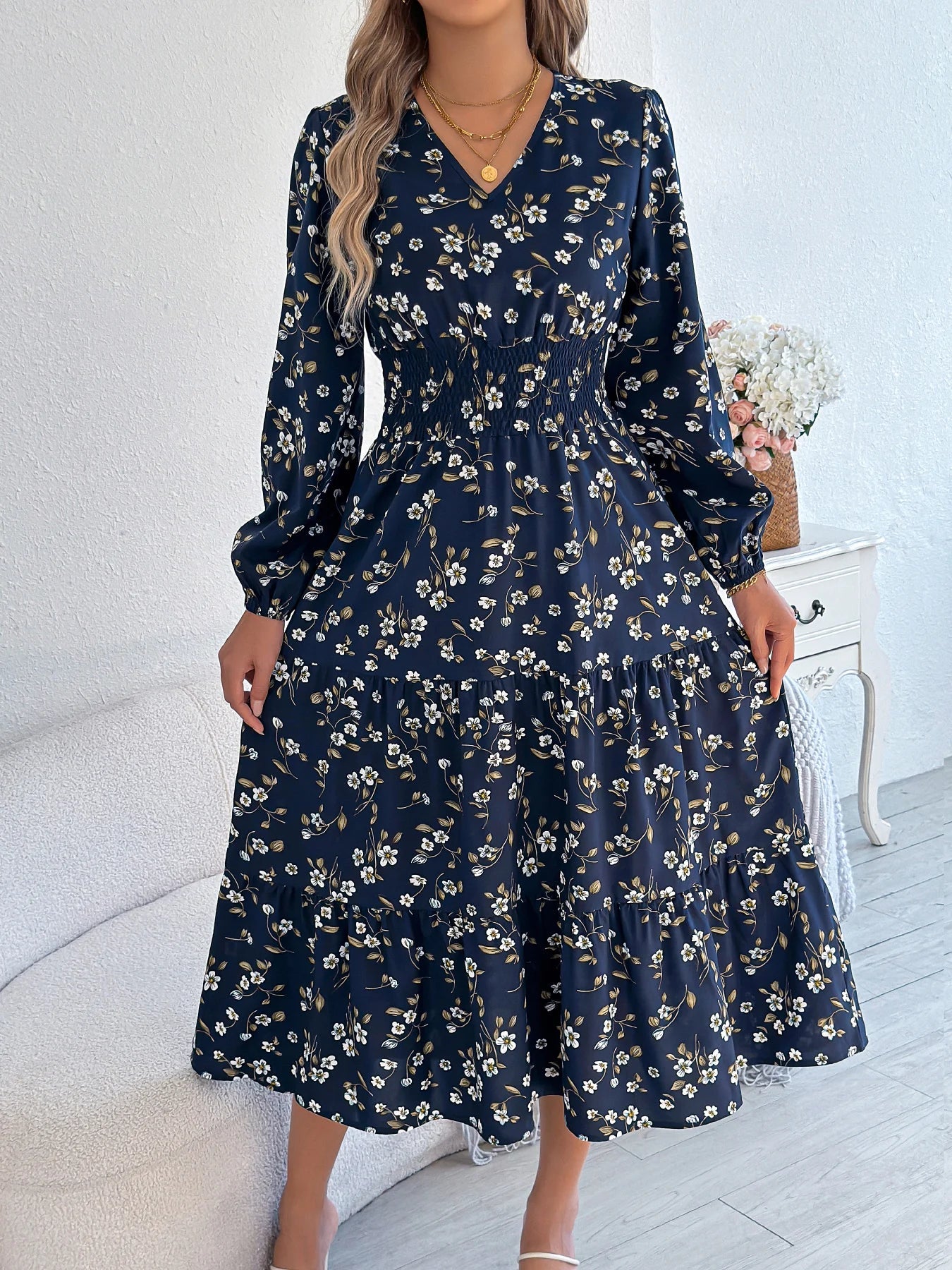 Spring Autumn Casual Woman Dress V Neck Long sleeve Lotus Leaf Edge Floral Print Long Dress Women Clothing - PratSN