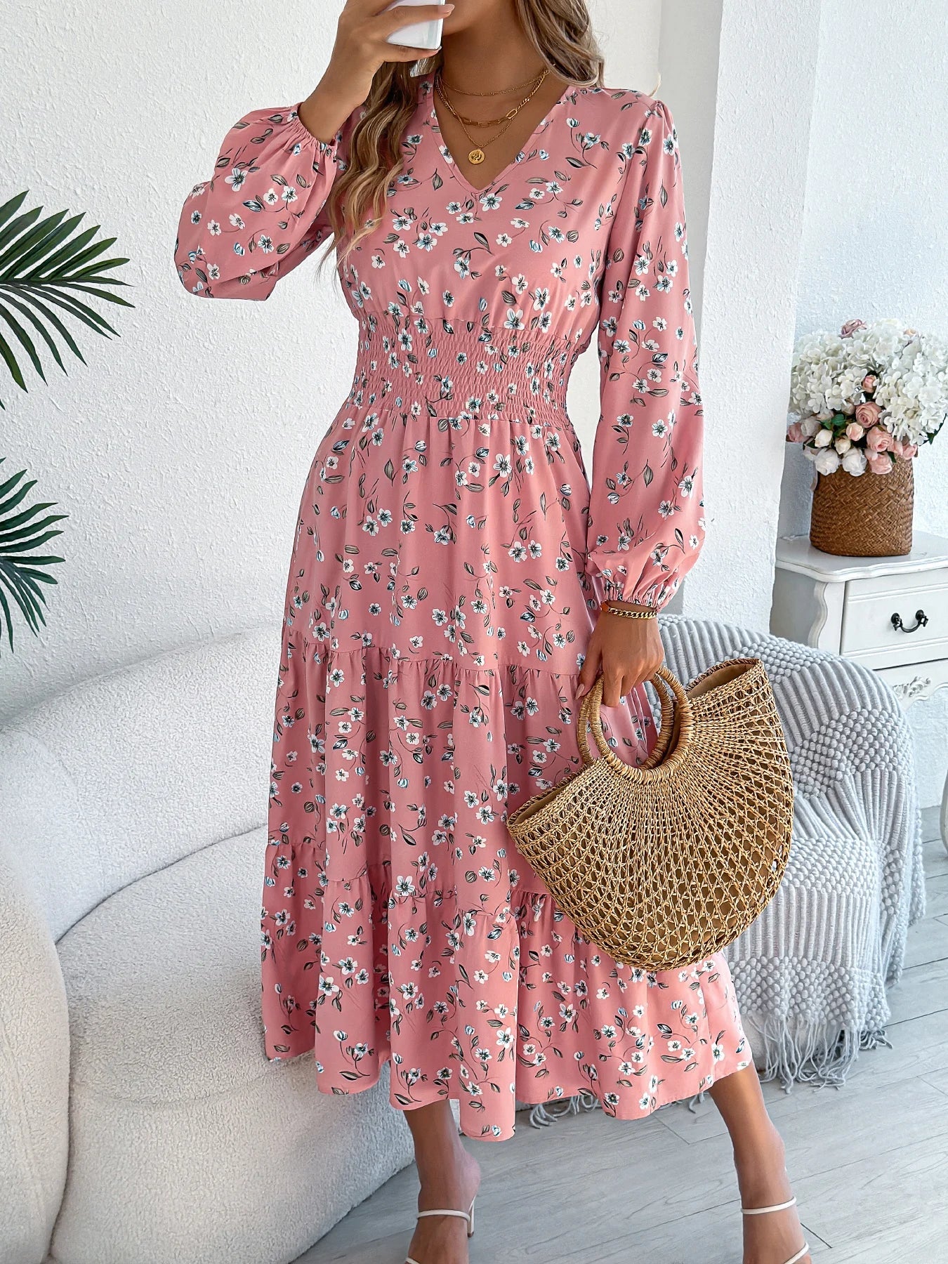 Spring Autumn Casual Woman Dress V Neck Long sleeve Lotus Leaf Edge Floral Print Long Dress Women Clothing - PratSN