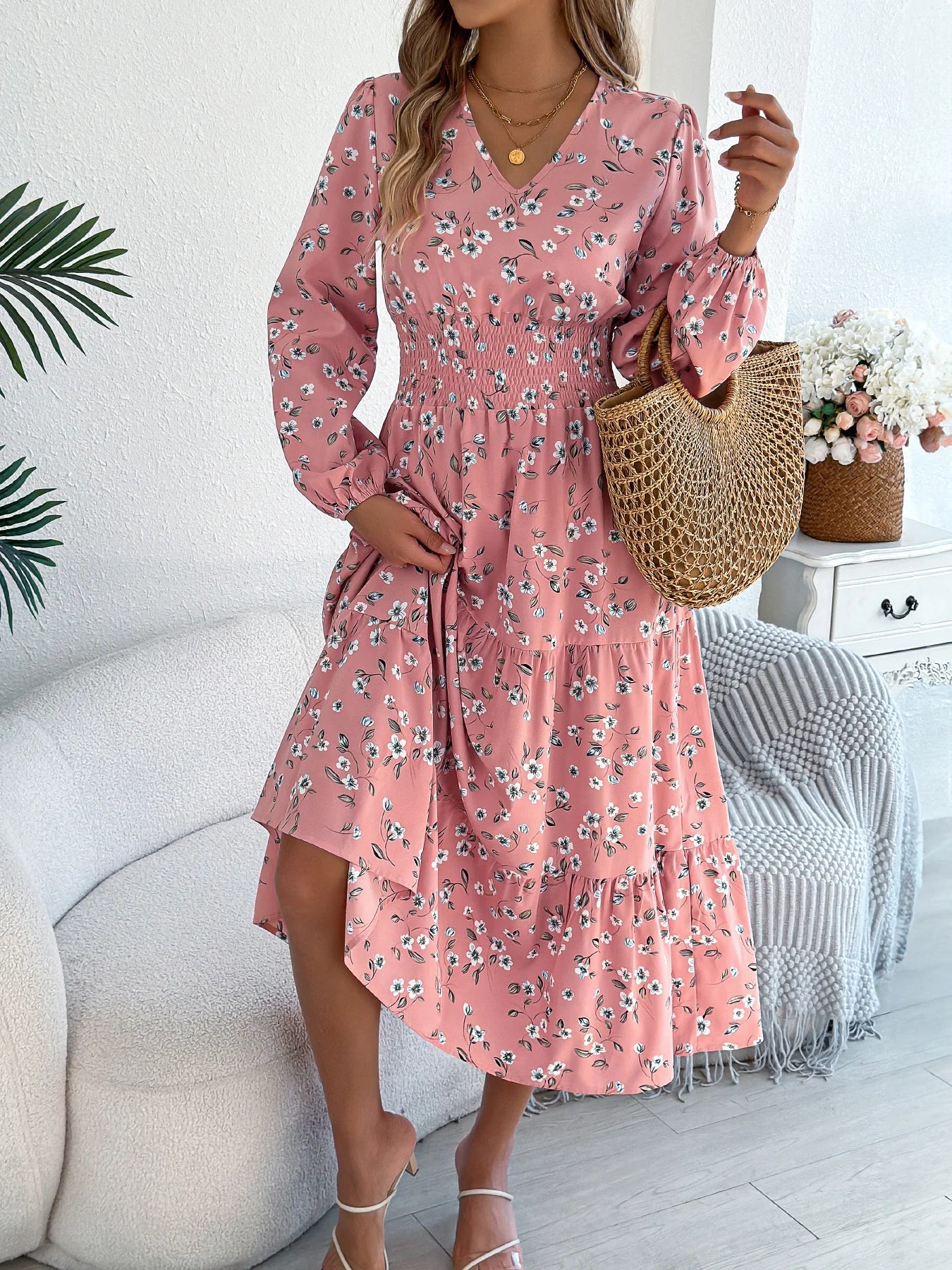 Spring Autumn Casual Woman Dress V Neck Long sleeve Lotus Leaf Edge Floral Print Long Dress Women Clothing - PratSN