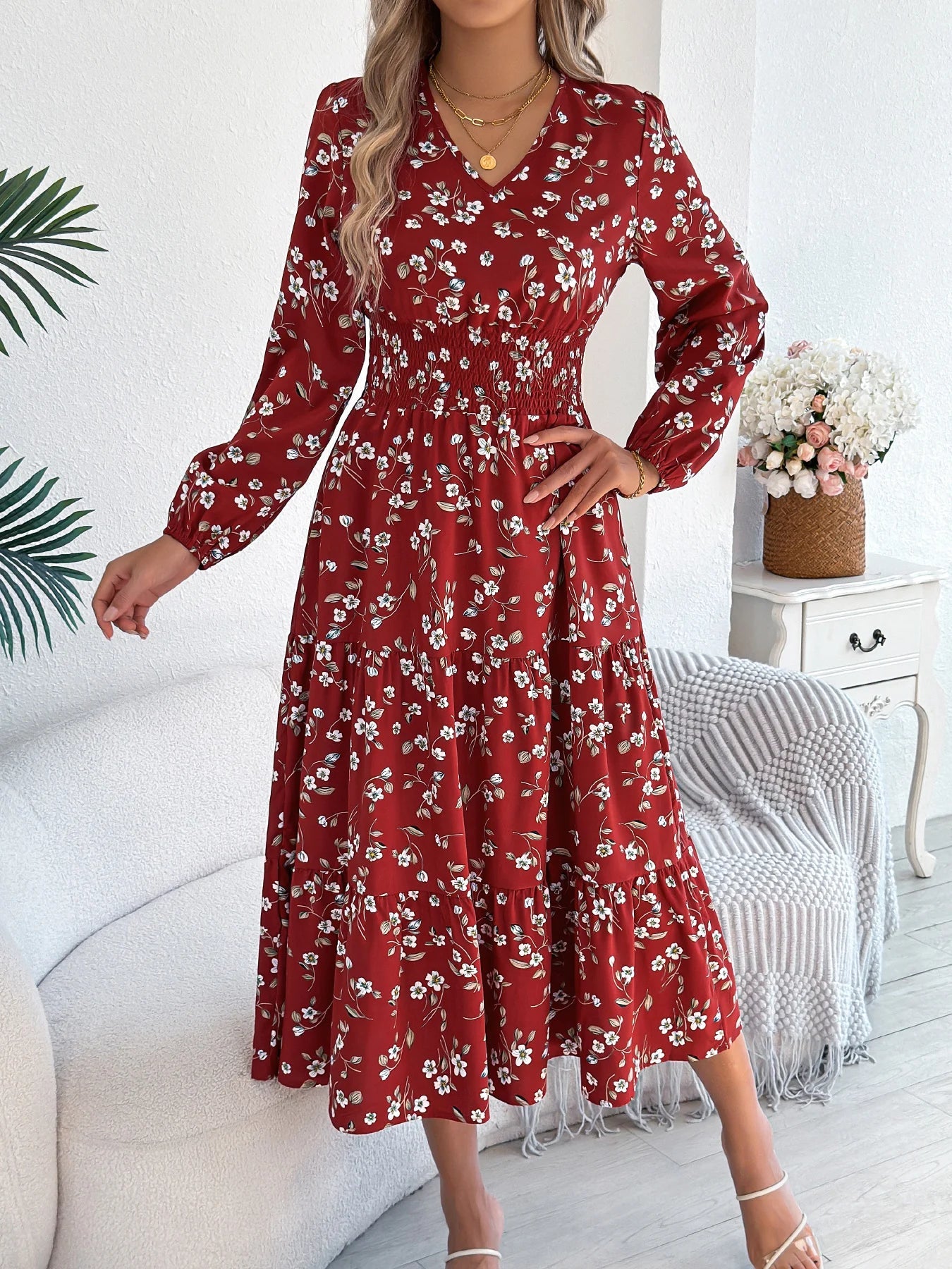 Spring Autumn Casual Woman Dress V Neck Long sleeve Lotus Leaf Edge Floral Print Long Dress Women Clothing - PratSN