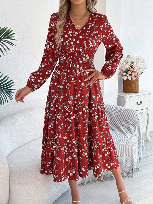 Spring Autumn Casual Woman Dress V Neck Long sleeve Lotus Leaf Edge Floral Print Long Dress Women Clothing - PratSN