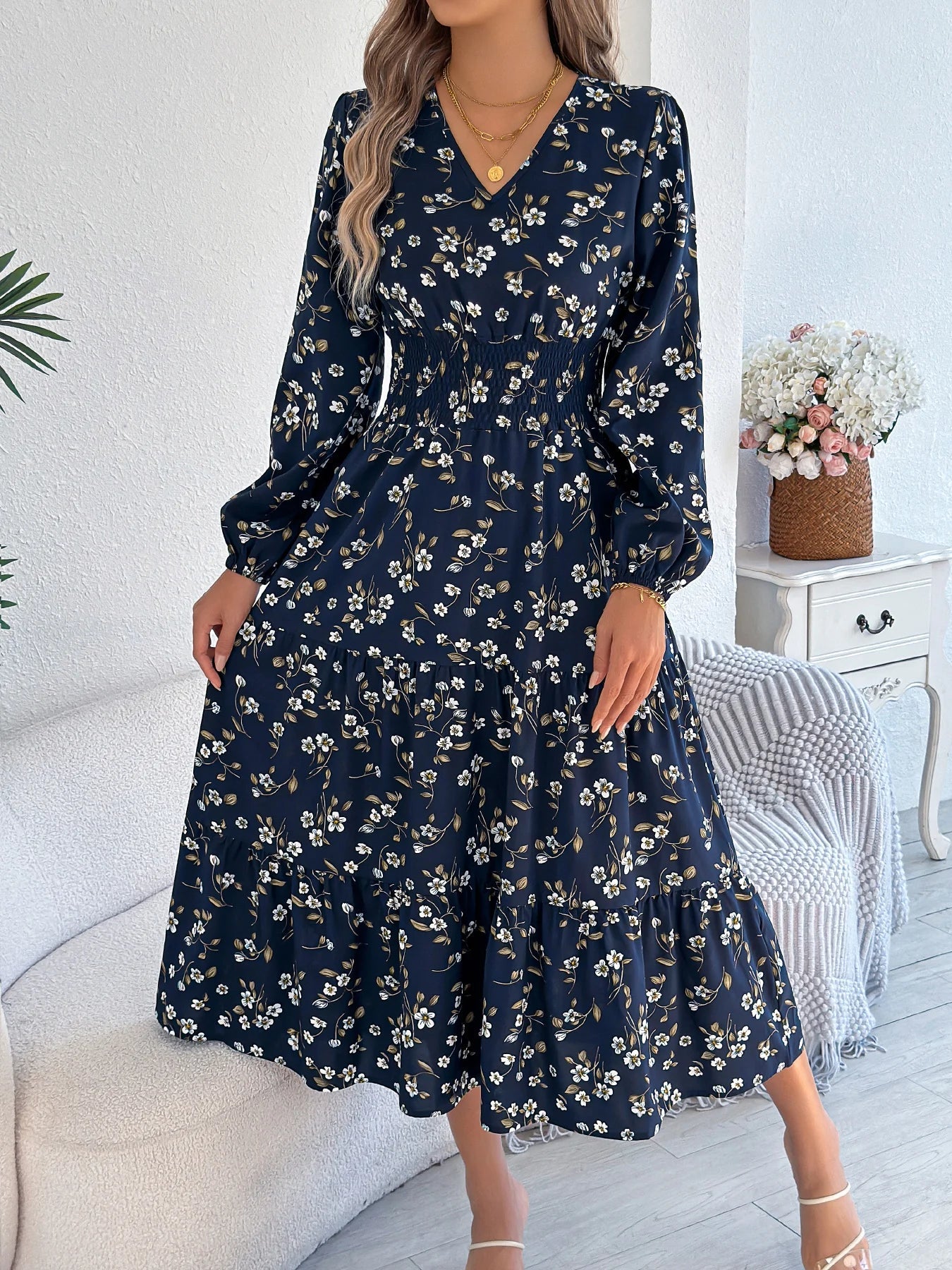 Spring Autumn Casual Woman Dress V Neck Long sleeve Lotus Leaf Edge Floral Print Long Dress Women Clothing - PratSN