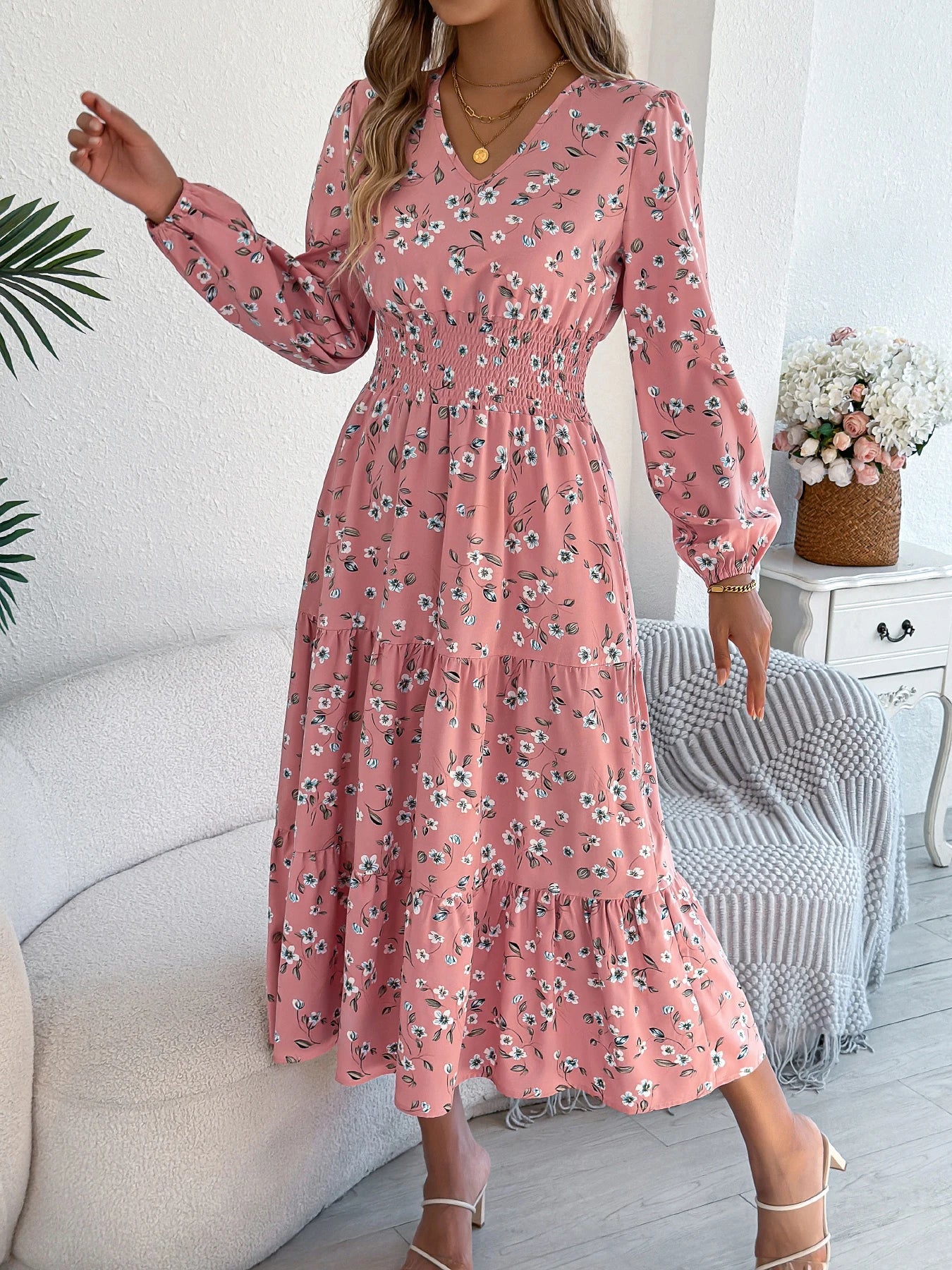 Spring Autumn Casual Woman Dress V Neck Long sleeve Lotus Leaf Edge Floral Print Long Dress Women Clothing - PratSN
