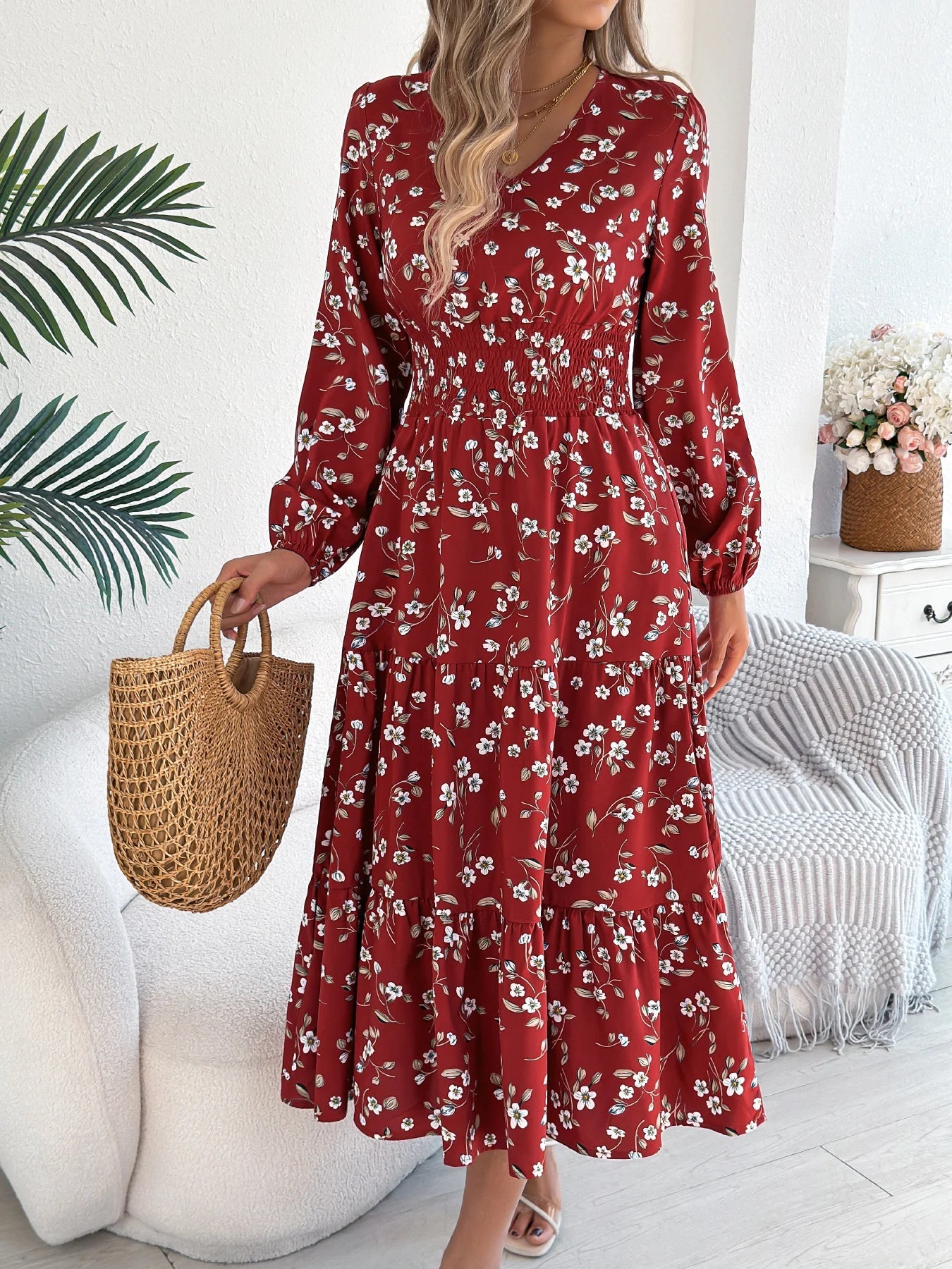 Spring Autumn Casual Woman Dress V Neck Long sleeve Lotus Leaf Edge Floral Print Long Dress Women Clothing - PratSN