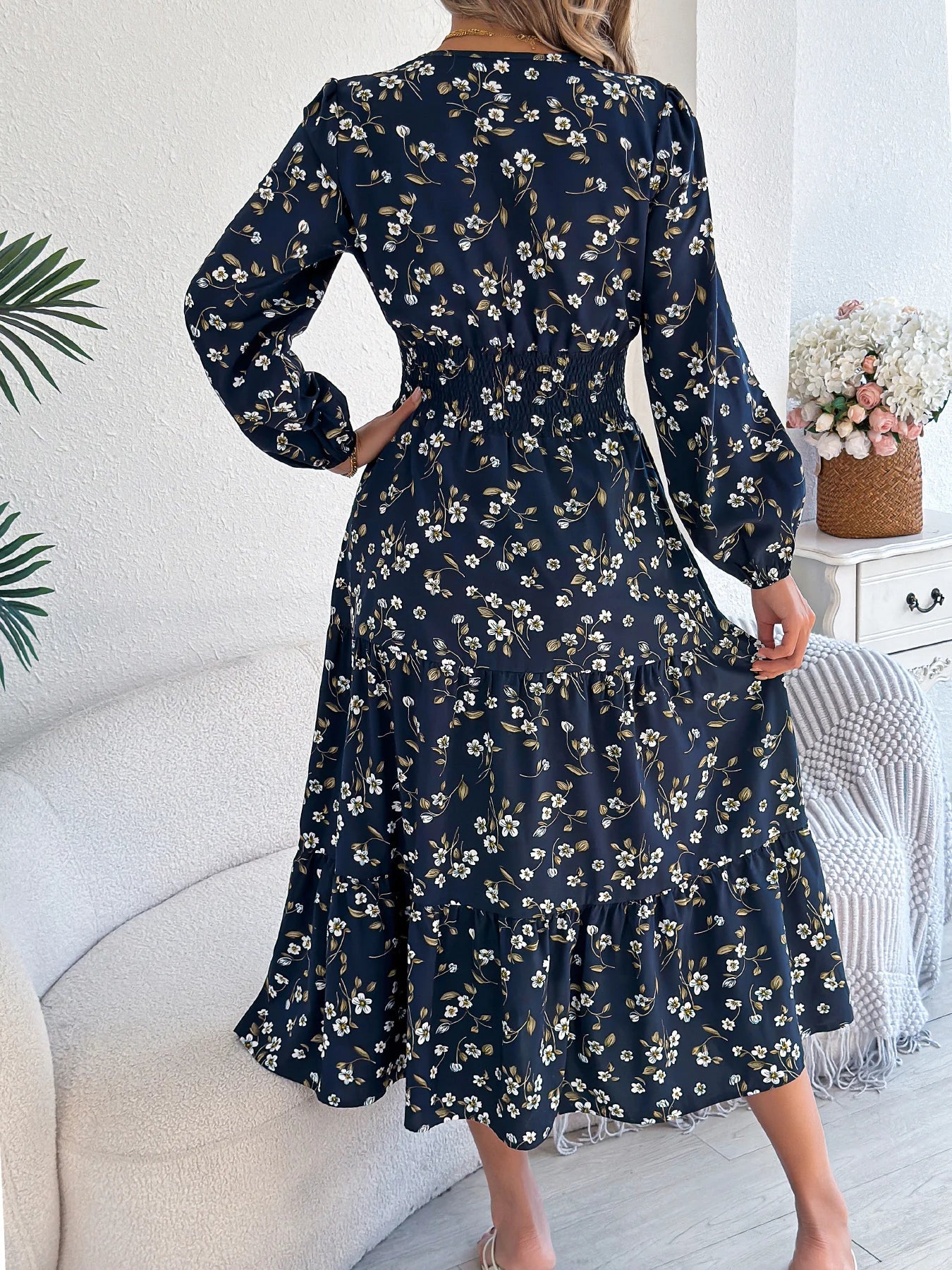 Spring Autumn Casual Woman Dress V Neck Long sleeve Lotus Leaf Edge Floral Print Long Dress Women Clothing - PratSN