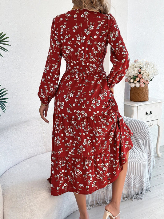 Spring Autumn Casual Woman Dress V Neck Long sleeve Lotus Leaf Edge Floral Print Long Dress Women Clothing - PratSN