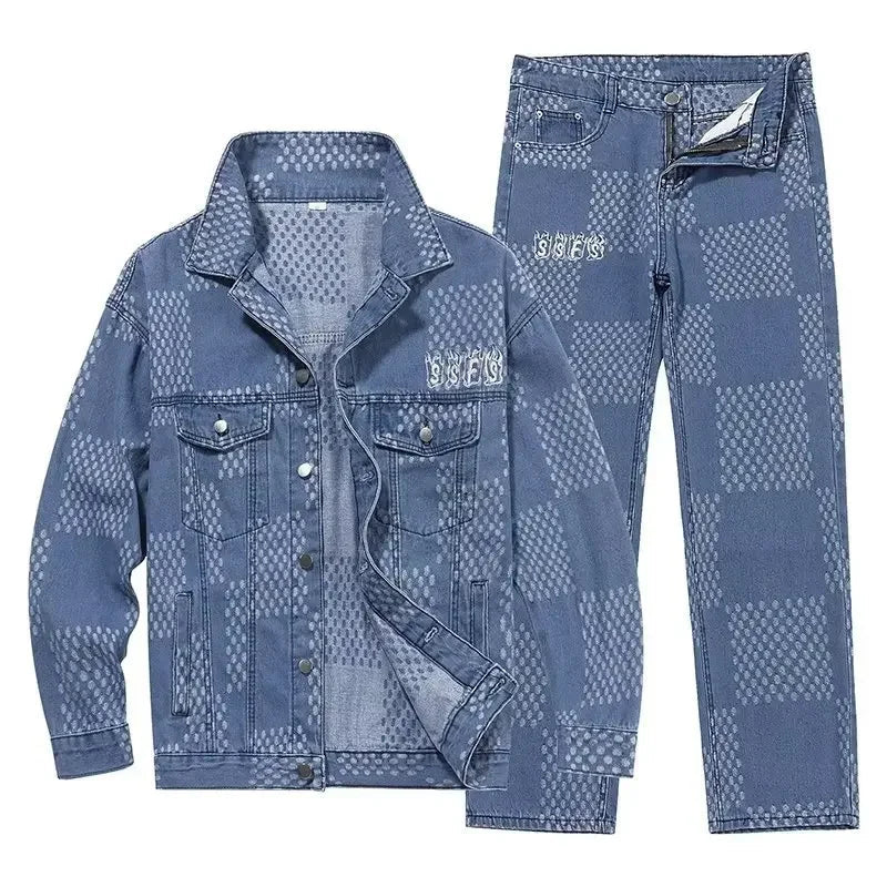 Spring Autumn Denim Clothing Set For Men Stylish Jacket Jeans 2 - piece Set Working Class Style Bold Fashion Statement - PratSN