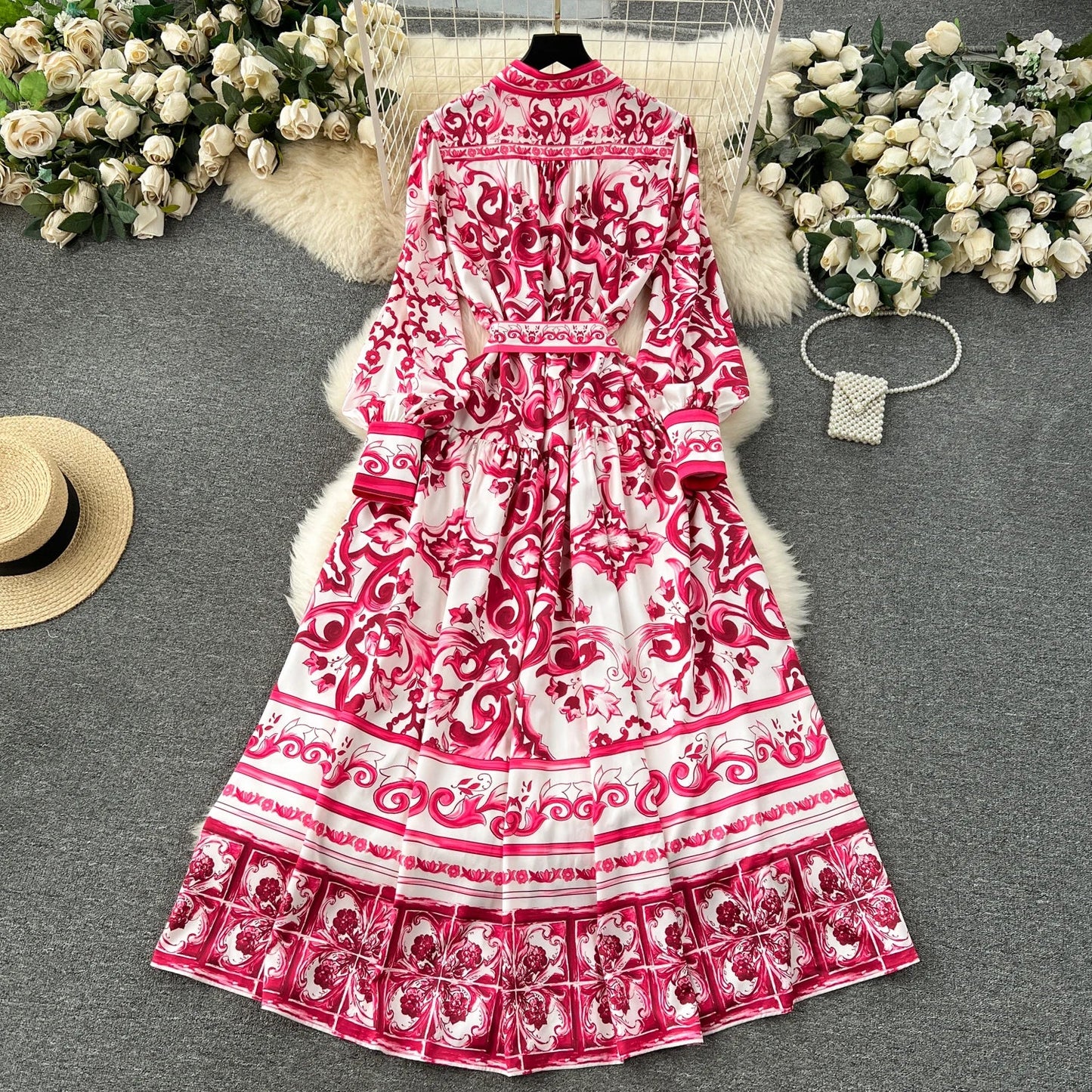 Spring Elegant Stand Collar Casual Midi Dress For Women Printed Lace Vestidos - PratSN