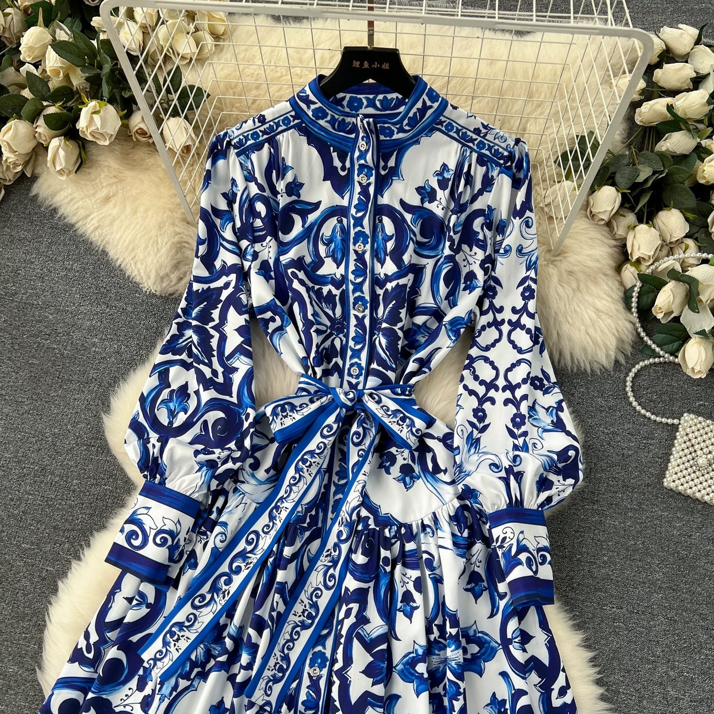 Spring Elegant Stand Collar Casual Midi Dress For Women Printed Lace Vestidos - PratSN