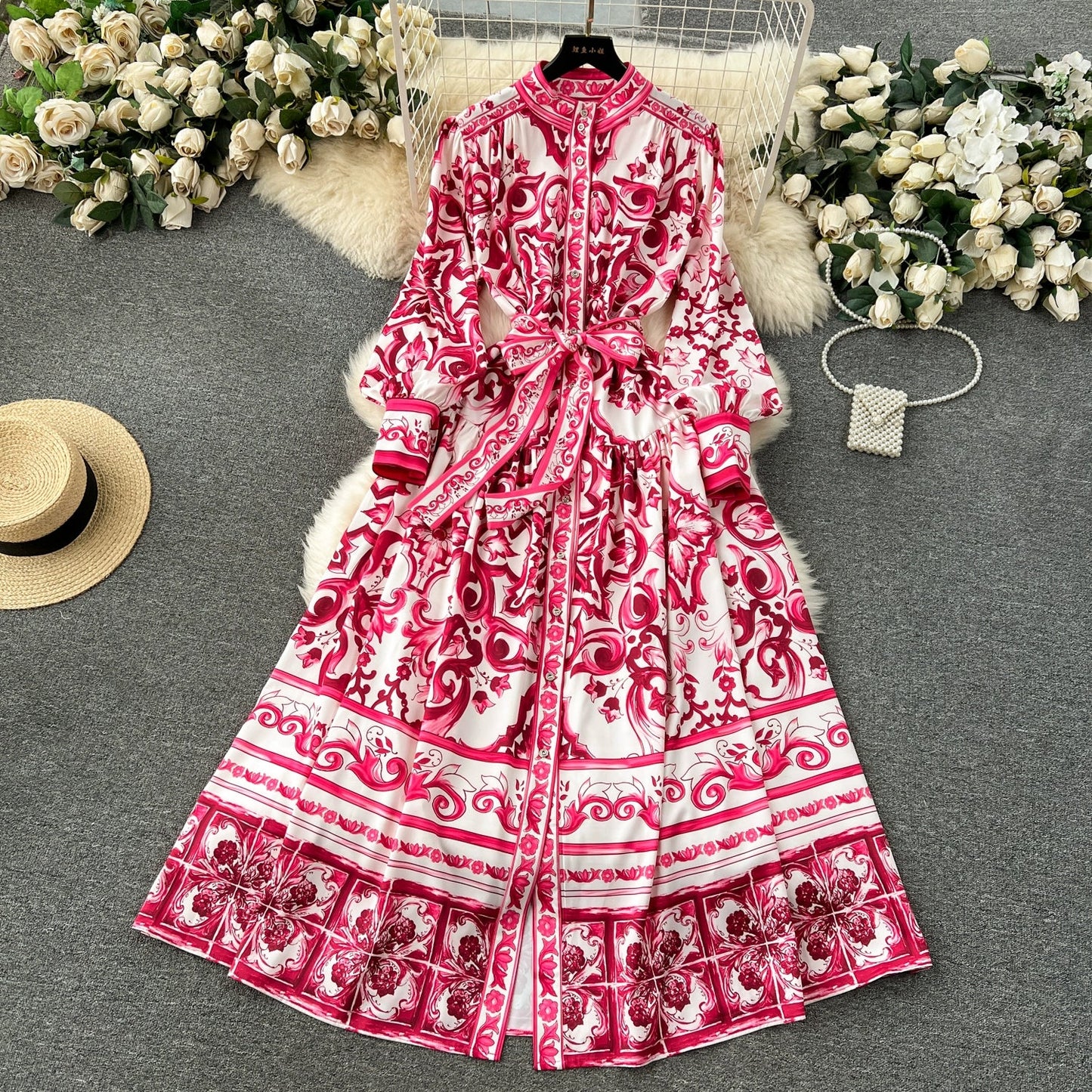 Spring Elegant Stand Collar Casual Midi Dress For Women Printed Lace Vestidos - PratSN