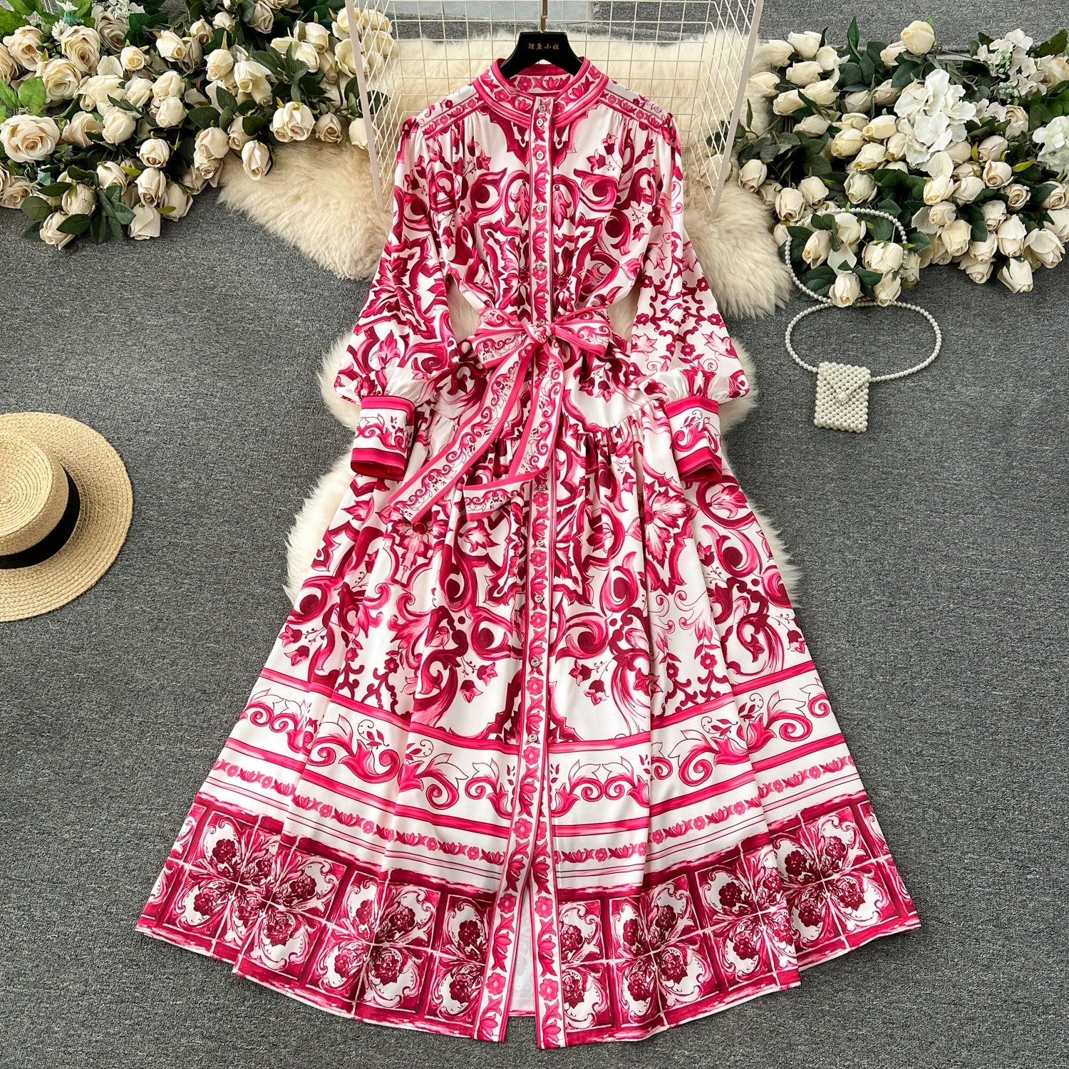 Spring Elegant Stand Collar Casual Midi Dress For Women Printed Lace Vestidos - PratSN