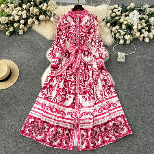 Spring Elegant Stand Collar Casual Midi Dress For Women Printed Lace Vestidos - PratSN