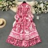 Spring Elegant Stand Collar Casual Midi Dress For Women Printed Lace Vestidos - PratSN