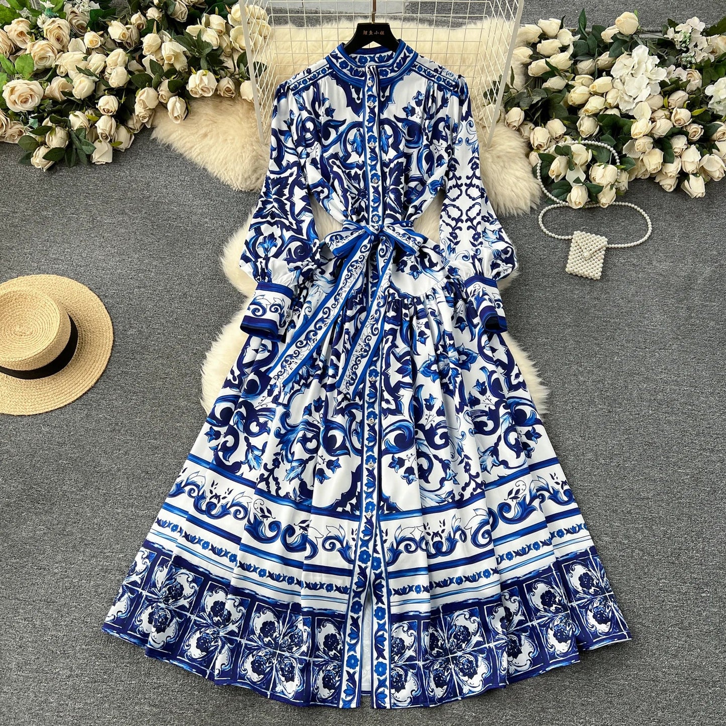 Spring Elegant Stand Collar Casual Midi Dress For Women Printed Lace Vestidos - PratSN
