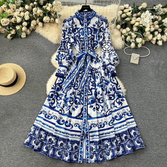 Spring Elegant Stand Collar Casual Midi Dress For Women Printed Lace Vestidos - PratSN