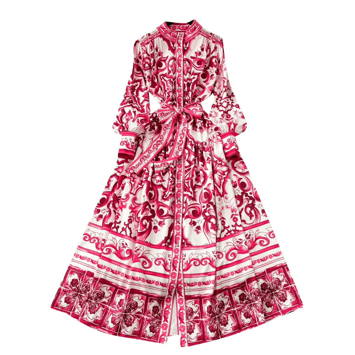 Spring Elegant Stand Collar Casual Midi Dress For Women Printed Lace Vestidos - PratSN