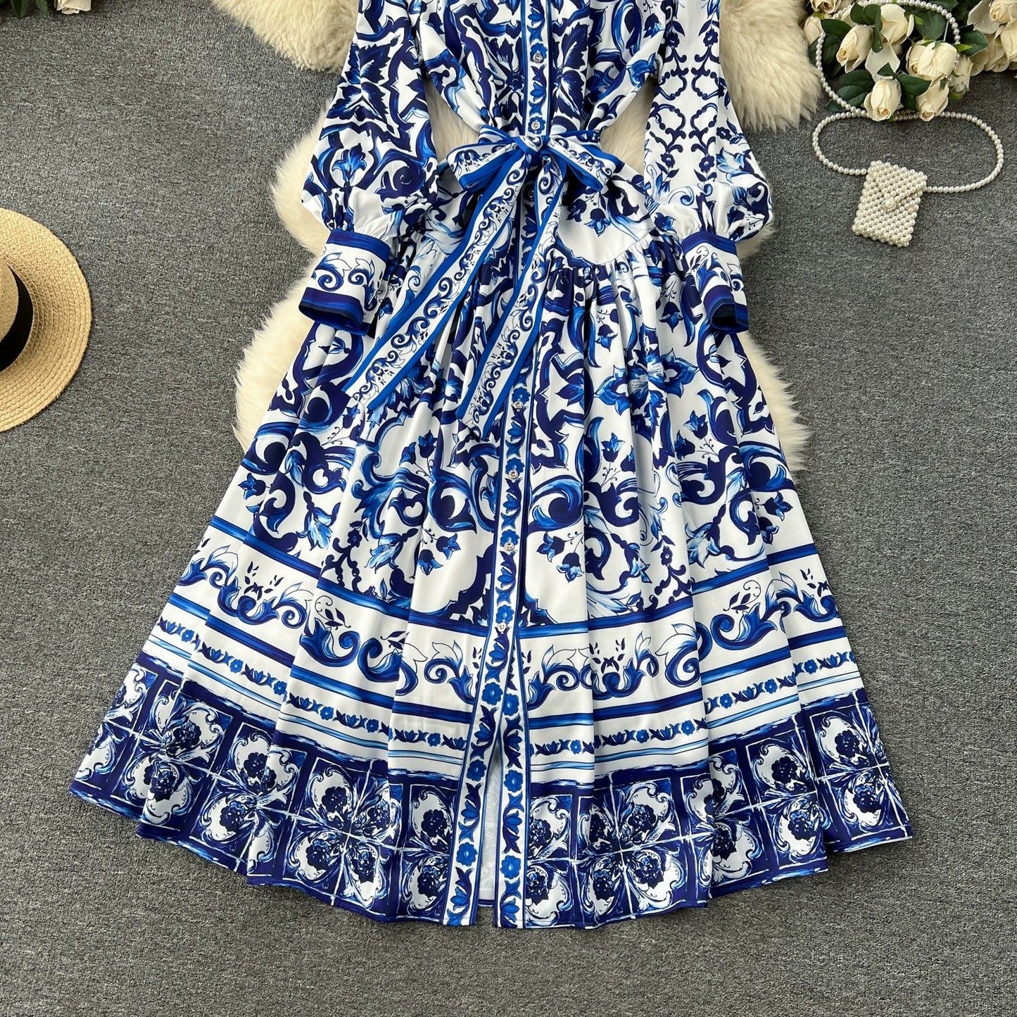 Spring Elegant Stand Collar Casual Midi Dress For Women Printed Lace Vestidos - PratSN