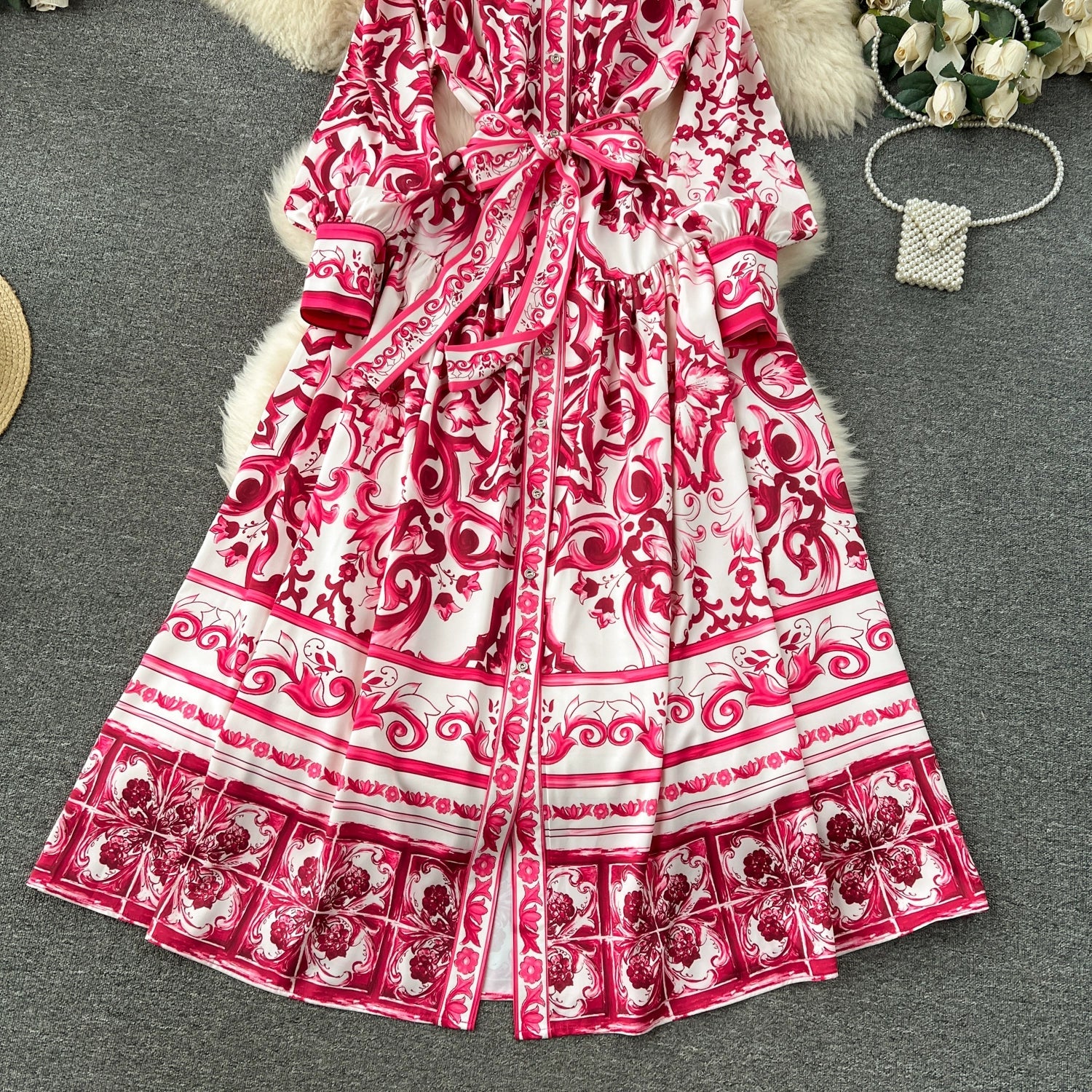 Spring Elegant Stand Collar Casual Midi Dress For Women Printed Lace Vestidos - PratSN