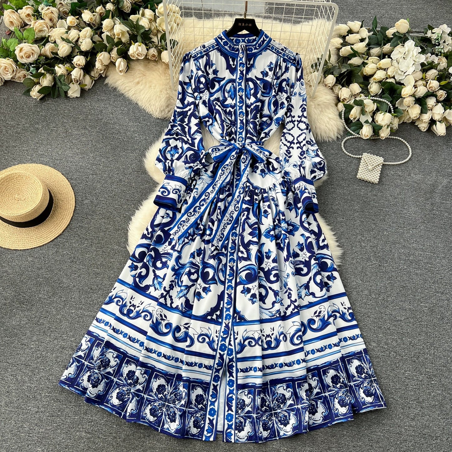 Spring Elegant Stand Collar Casual Midi Dress For Women Printed Lace Vestidos - PratSN