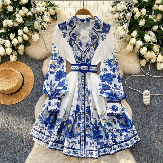 Spring Fall New Women 2025 Europe and the United States Fashion Long - sleeved Printed A - line Elegant Dresses - PratSN