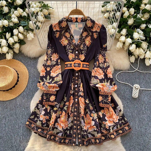 Spring Fall New Women 2025 Europe and the United States Fashion Long - sleeved Printed A - line Elegant Dresses - PratSN