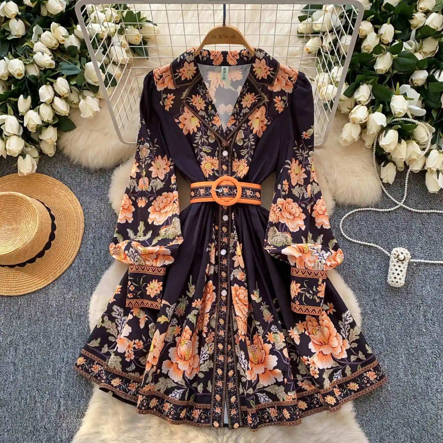 Spring Fall New Women 2025 Europe and the United States Fashion Long - sleeved Printed A - line Elegant Dresses - PratSN