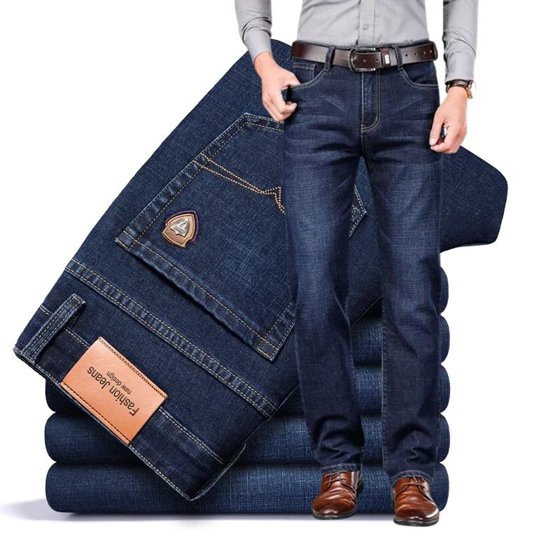 Spring fitted straight stretch denim jeans classic style badge youth men's business casual jeans trousers - PratSN