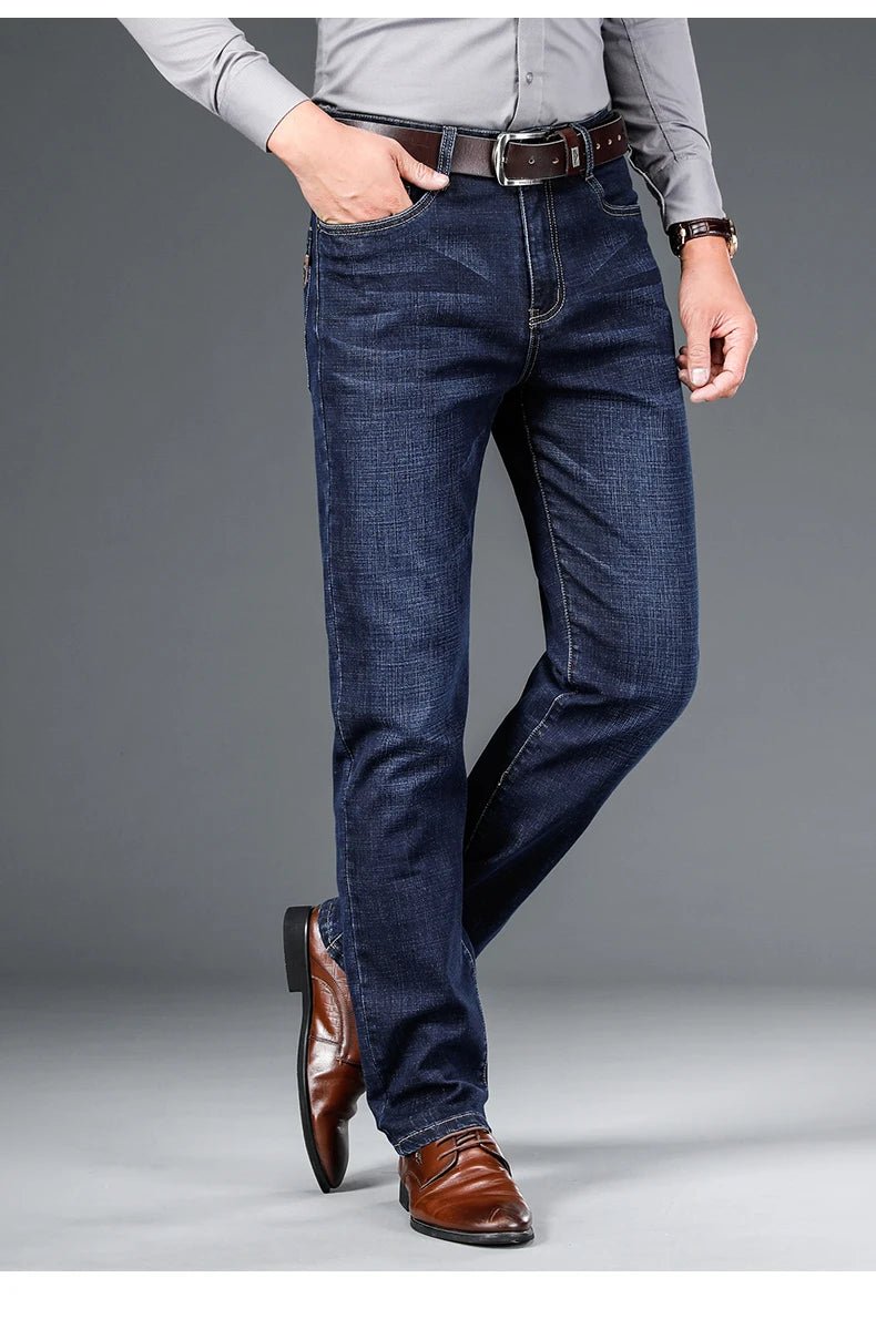 Spring fitted straight stretch denim jeans classic style badge youth men's business casual jeans trousers - PratSN