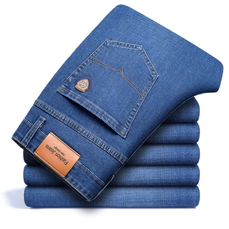 Spring fitted straight stretch denim jeans classic style badge youth men's business casual jeans trousers - PratSN