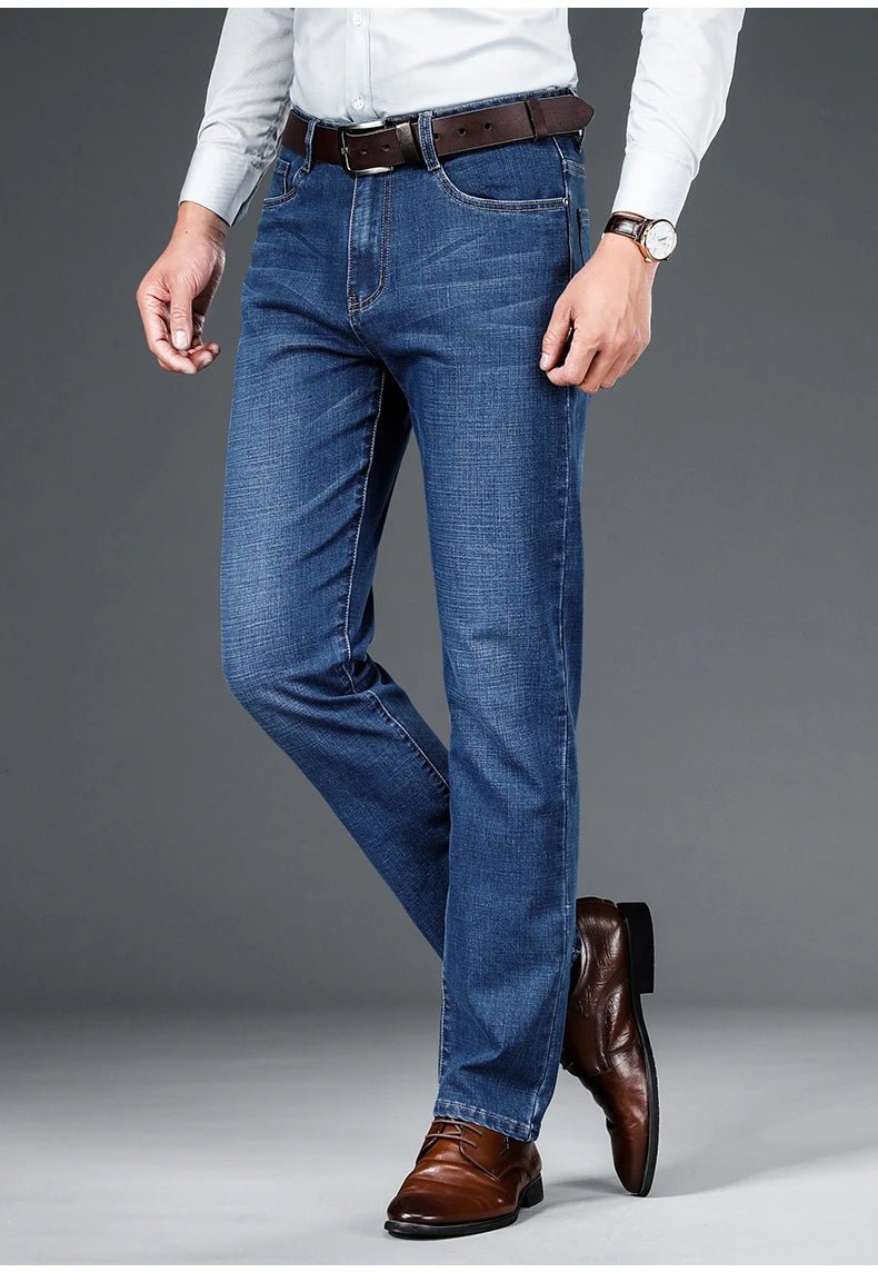 Spring fitted straight stretch denim jeans classic style badge youth men's business casual jeans trousers - PratSN