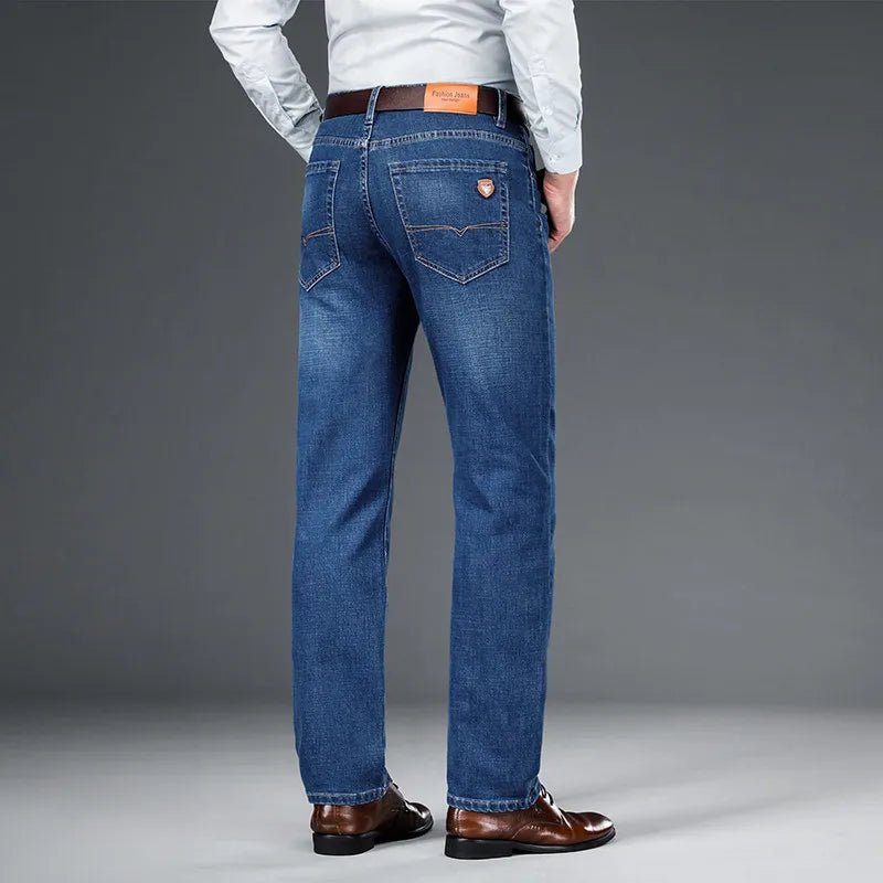 Spring fitted straight stretch denim jeans classic style badge youth men's business casual jeans trousers - PratSN