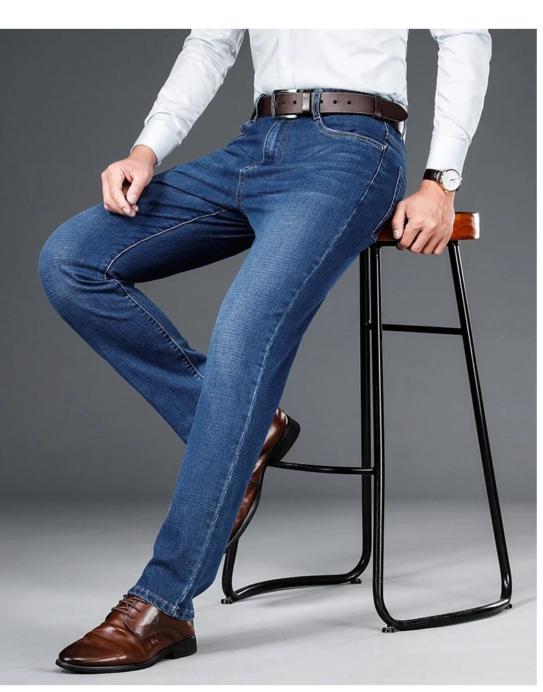 Spring fitted straight stretch denim jeans classic style badge youth men's business casual jeans trousers - PratSN