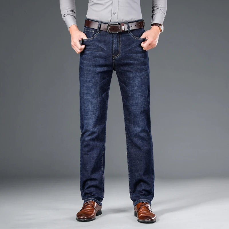 Spring fitted straight stretch denim jeans classic style badge youth men's business casual jeans trousers - PratSN