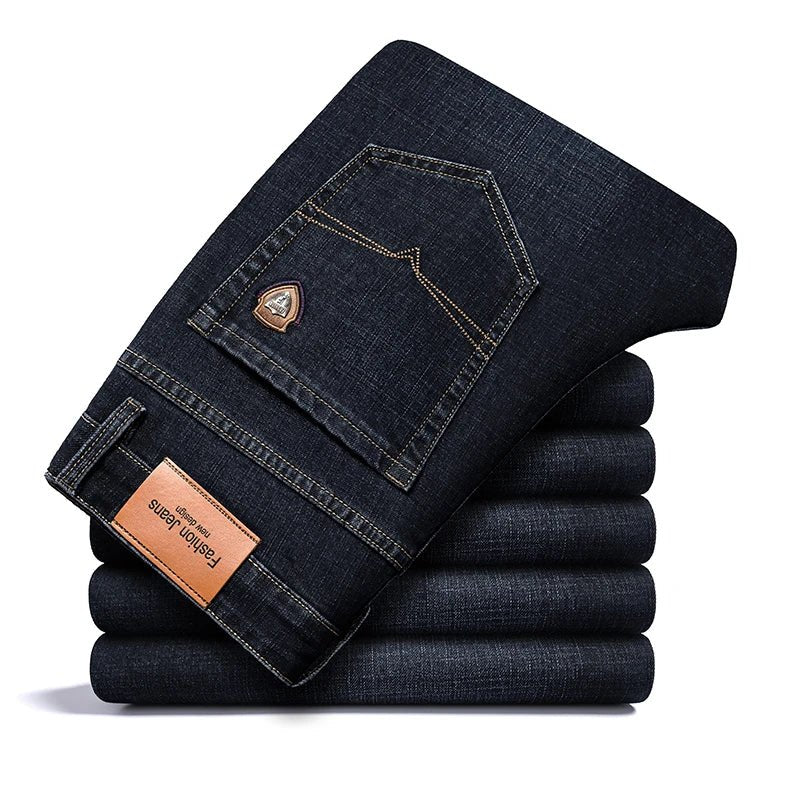 Spring fitted straight stretch denim jeans classic style badge youth men's business casual jeans trousers - PratSN