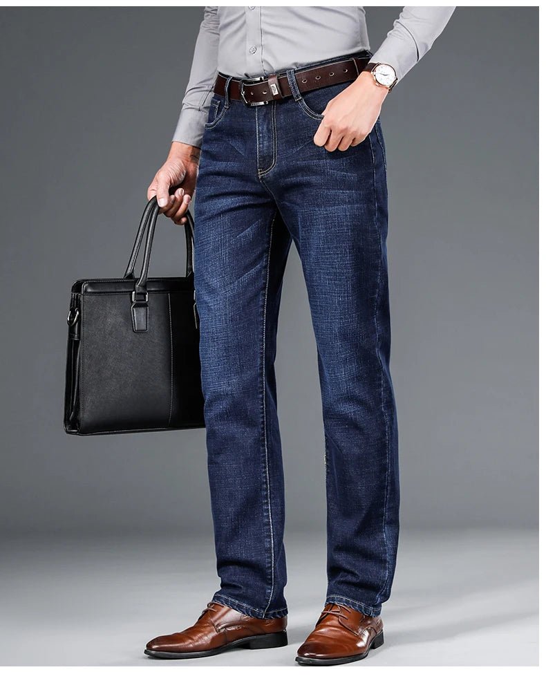 Spring fitted straight stretch denim jeans classic style badge youth men's business casual jeans trousers - PratSN