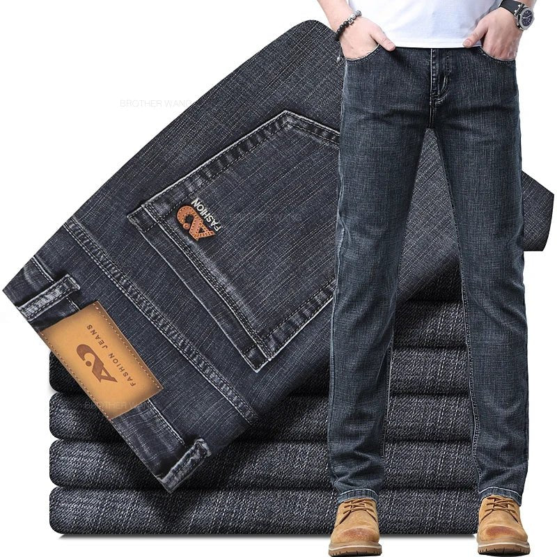 Spring Men's Light Blue Slim Jeans Stylish Casual Stretch Fabric Denim Pants Classic Trousers Smoke Gray - PratSN