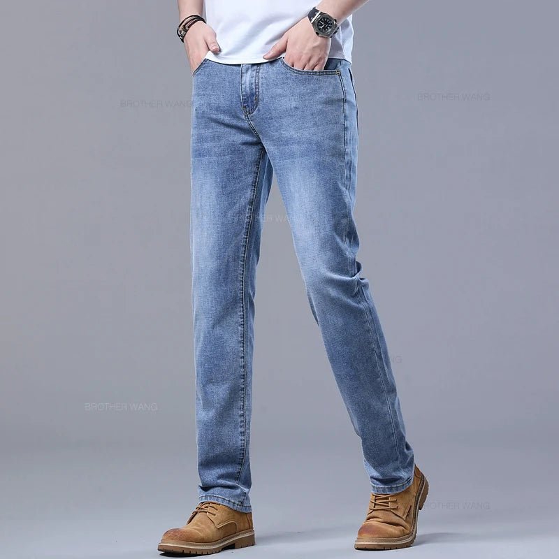 Spring Men's Light Blue Slim Jeans Stylish Casual Stretch Fabric Denim Pants Classic Trousers Smoke Gray - PratSN