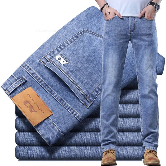 Spring Men's Light Blue Slim Jeans Stylish Casual Stretch Fabric Denim Pants Classic Trousers Smoke Gray - PratSN