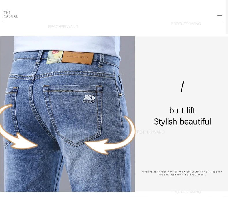 Spring Men's Light Blue Slim Jeans Stylish Casual Stretch Fabric Denim Pants Classic Trousers Smoke Gray - PratSN