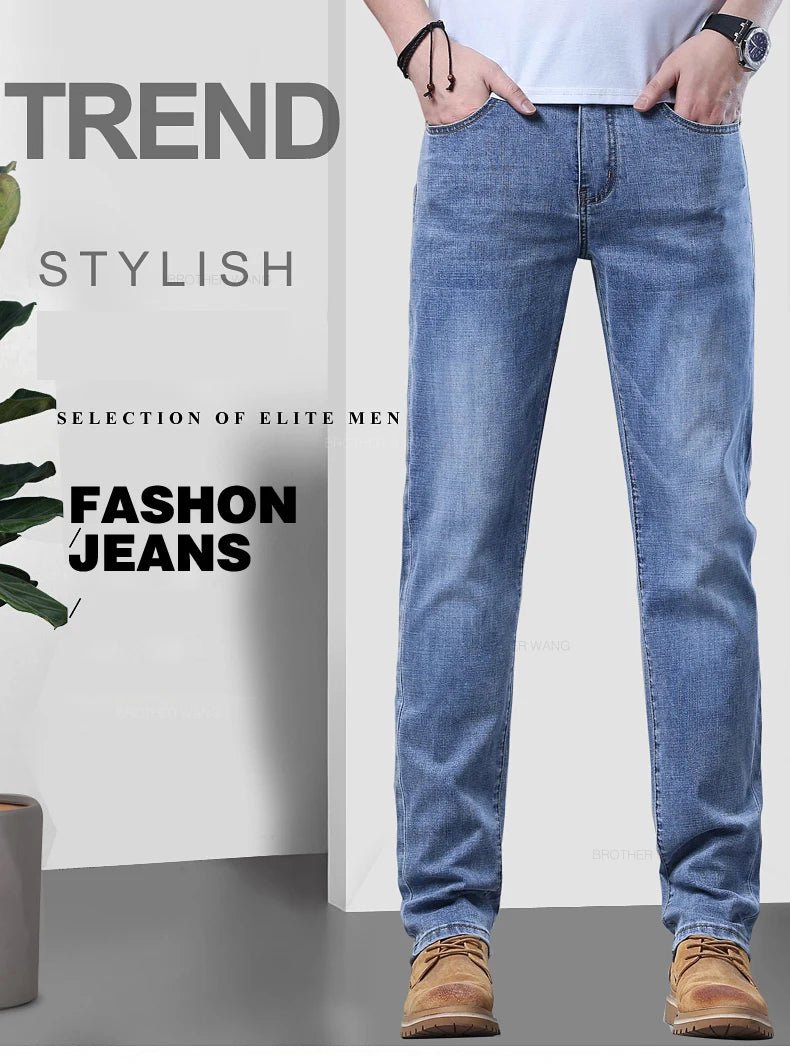 Spring Men's Light Blue Slim Jeans Stylish Casual Stretch Fabric Denim Pants Classic Trousers Smoke Gray - PratSN