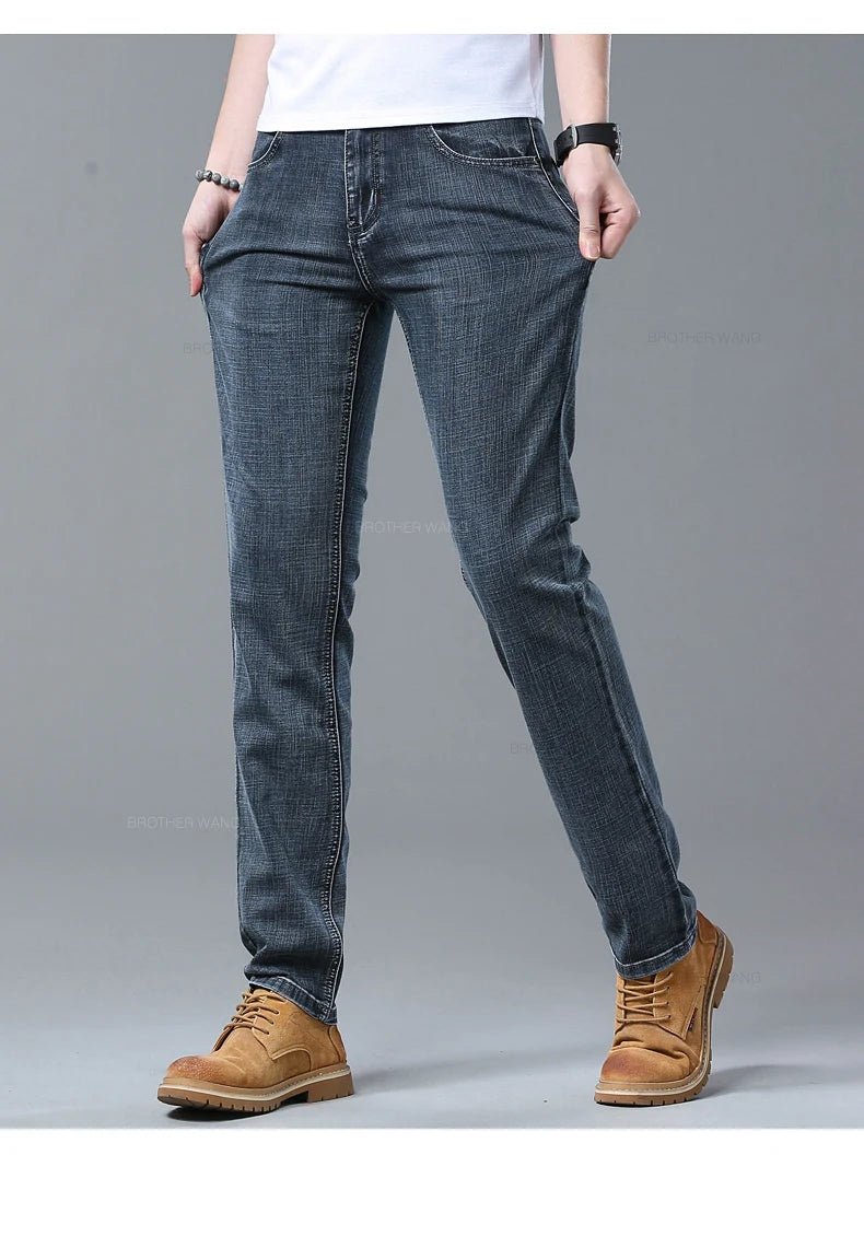 Spring Men's Light Blue Slim Jeans Stylish Casual Stretch Fabric Denim Pants Classic Trousers Smoke Gray - PratSN