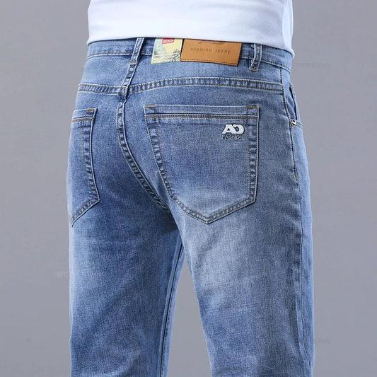 Spring Men's Light Blue Slim Jeans Stylish Casual Stretch Fabric Denim Pants Classic Trousers Smoke Gray - PratSN