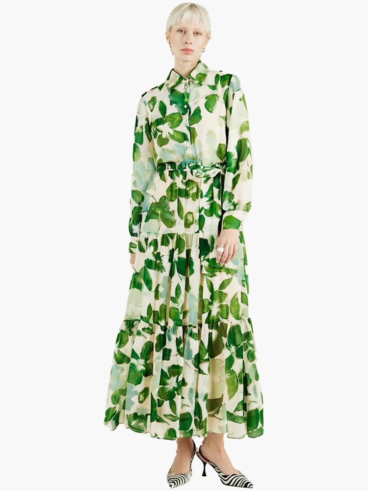 Spring New Long Sleeve Collar Green Flower Vacation - PratSN