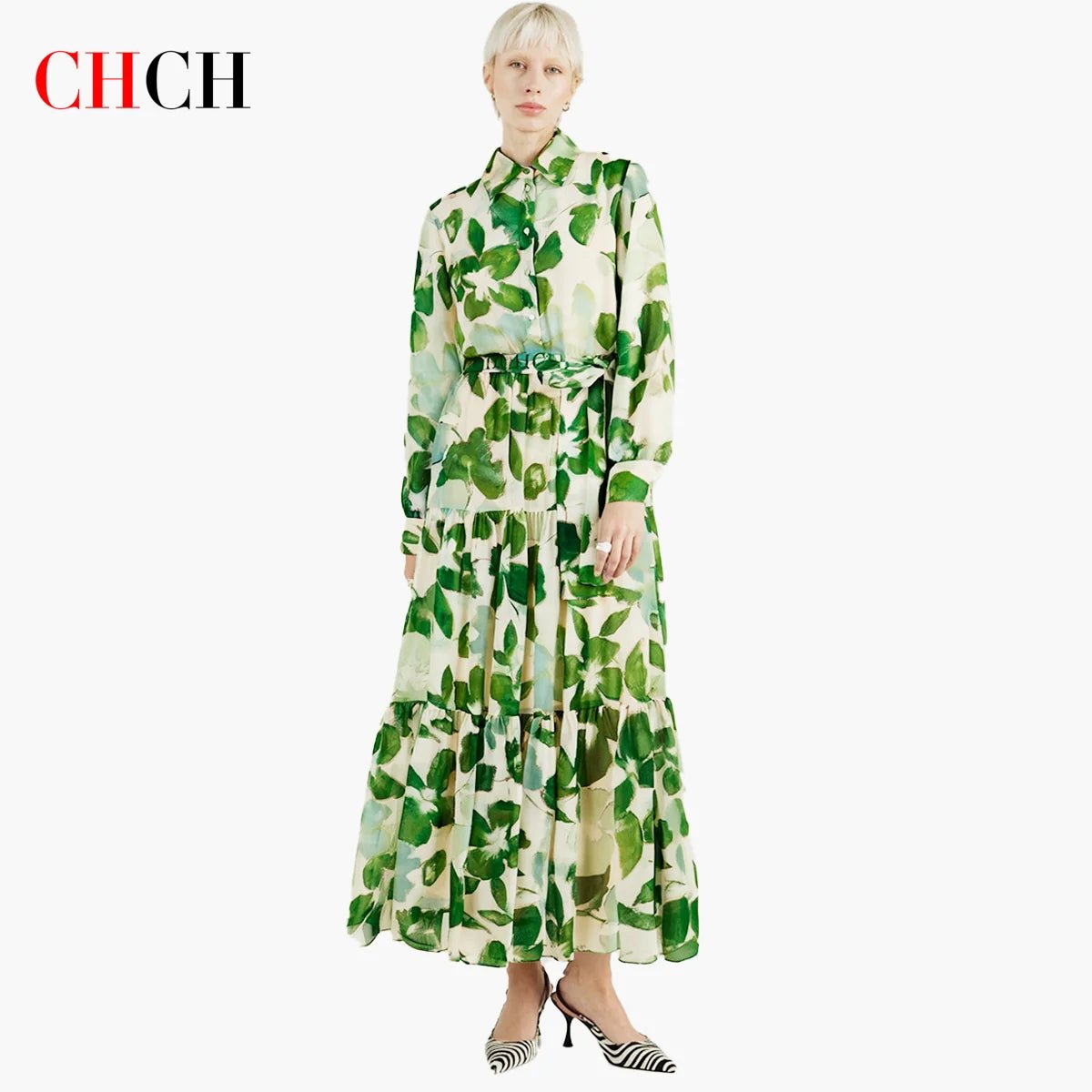 Spring New Long Sleeve Collar Green Flower Vacation - PratSN