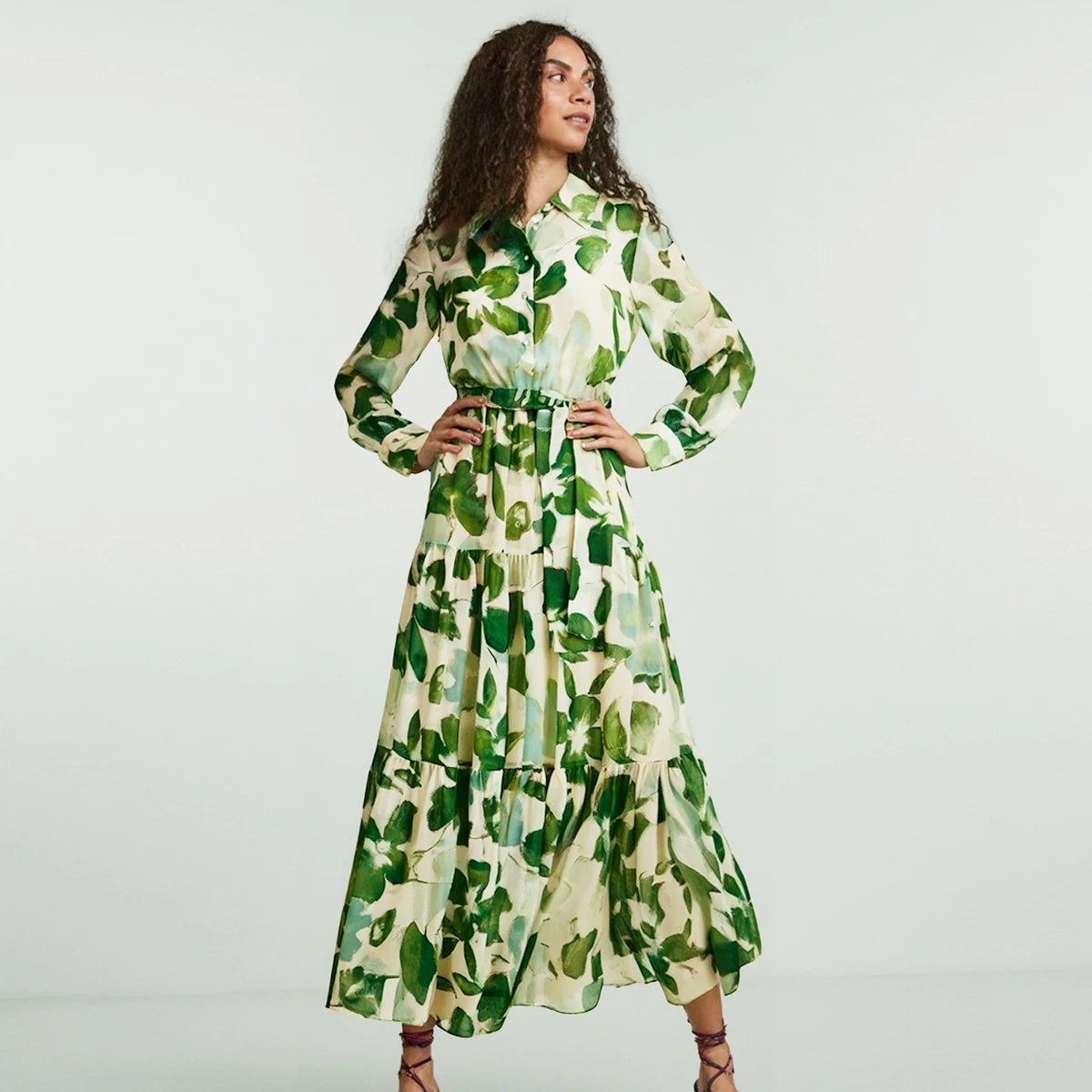 Spring New Long Sleeve Collar Green Flower Vacation - PratSN