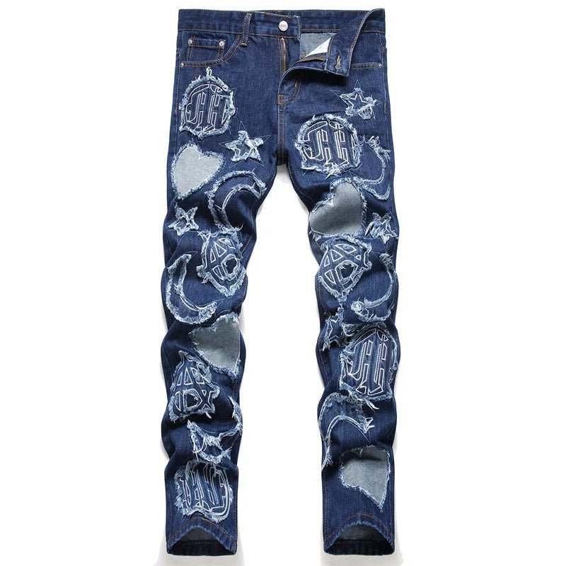 Spring Season Embroidered Denim Skinny Jeans Streetwear Hip Hop Utility Punk Style Stonewashed with Button Decoration - PratSN