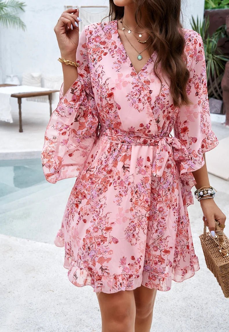 Spring Summer New Women Dress Fashion Elegant Printed Strappy Lace - Up V - neck Fairy Skirt Female Girls Gathering Party Date Dress - PratSN